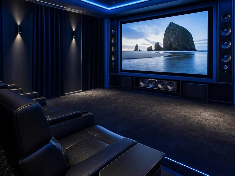 Domáce kino s projekčným plátnom a kreslami